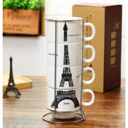 4PCS PORCELAIN COFFEE CUPS WITH SS STAND