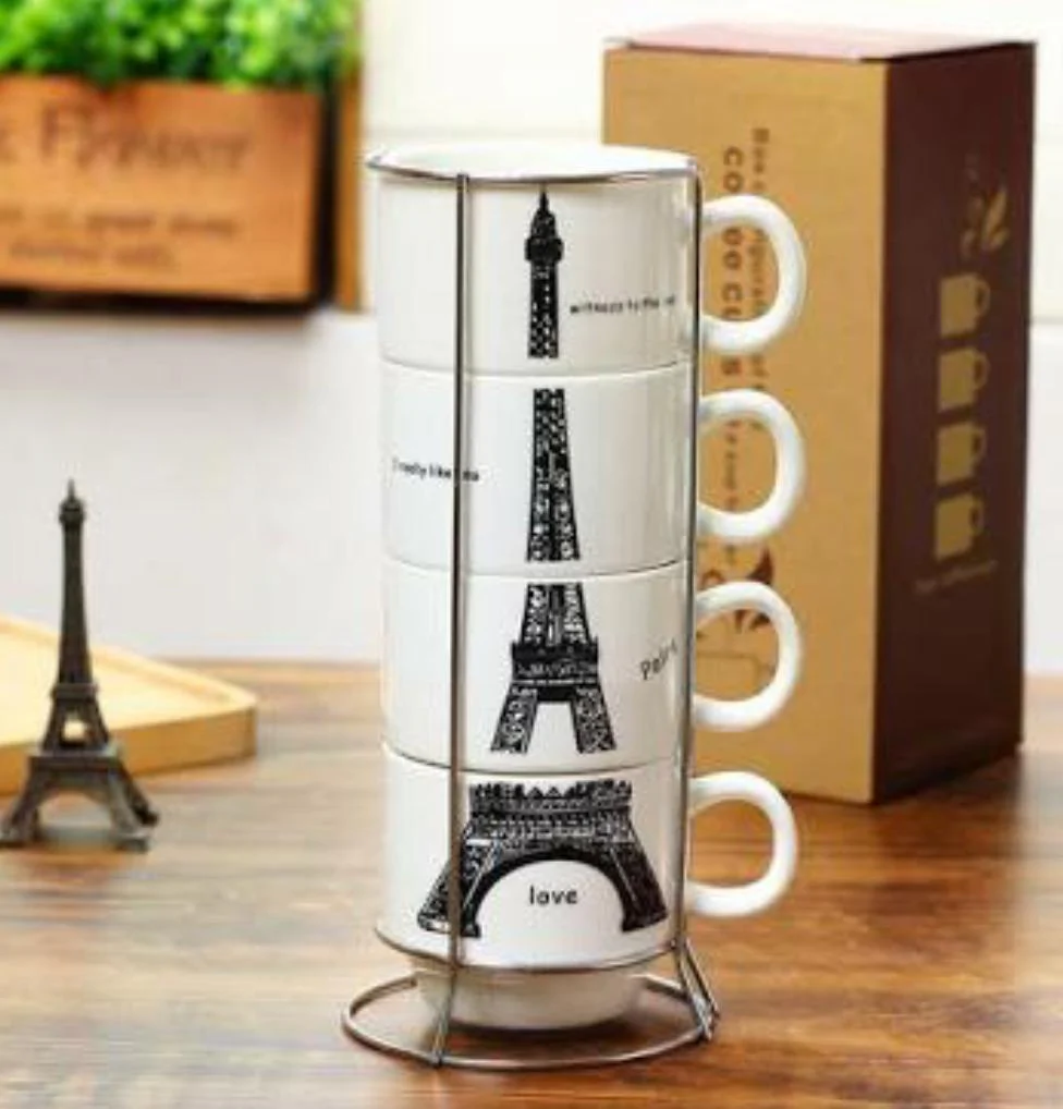 4PCS PORCELAIN COFFEE CUPS WITH SS STAND paris